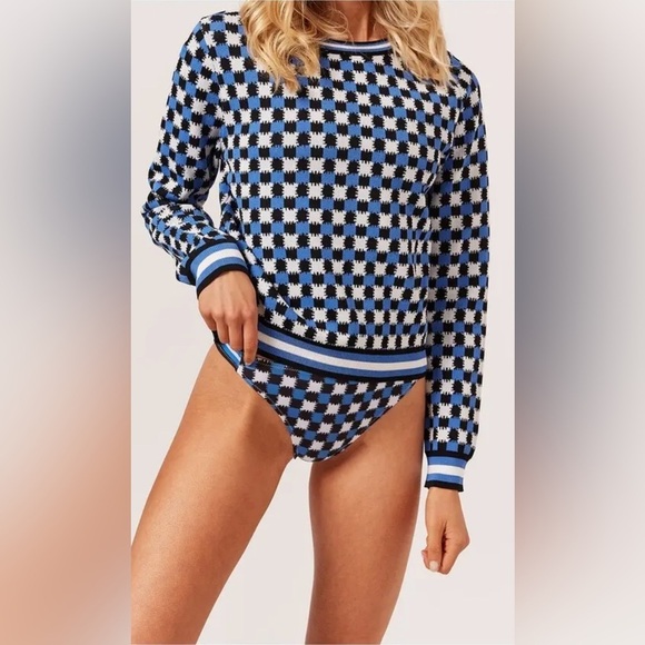 SOLID & STRIPED Mackenzie Checked Stripe Trim Pullover Blue Women’s Large $188 - Picture 1 of 6